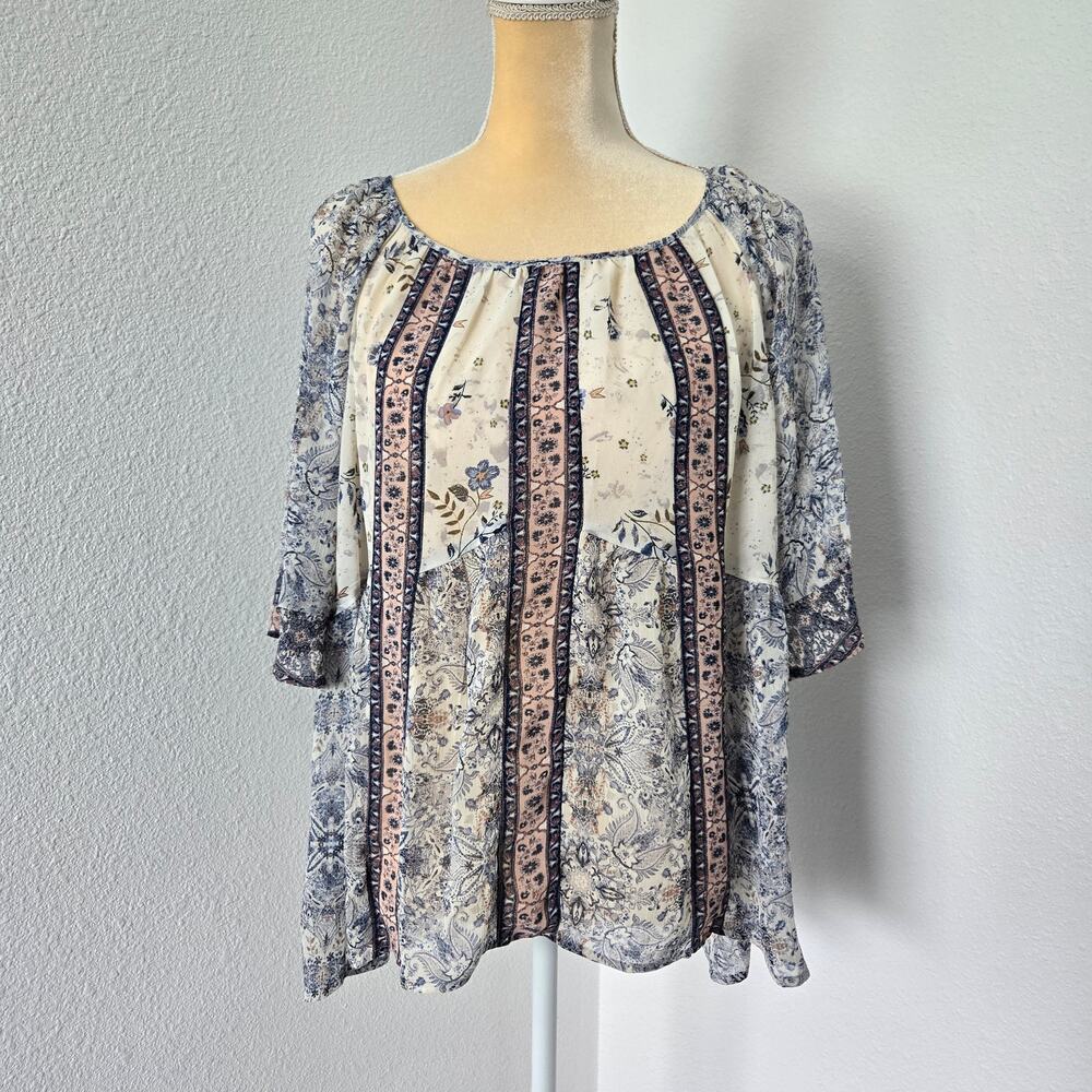 Knox Rose Women's Sheer Boho Floral Bell 3/4 Sleeve Blouse  Size L